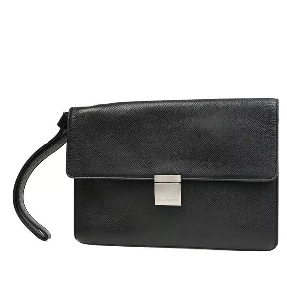 LOUIS VUITTON Logo Selenga Clutch Hand Bag Taiga Leather Black M30782 67EE054 - Picture 1 of 16